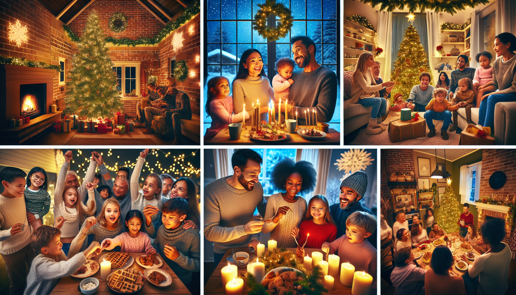 Festive holiday family reunion with multiple generations enjoying various activities together